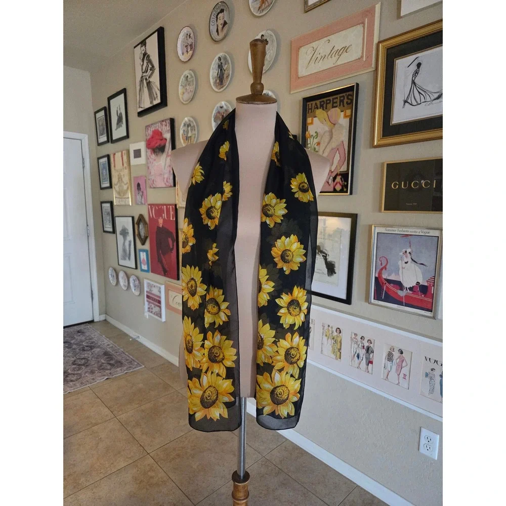 Vintage 1990s Black Silk Scarf Yellow Sunflower Floral Print Long Oblong